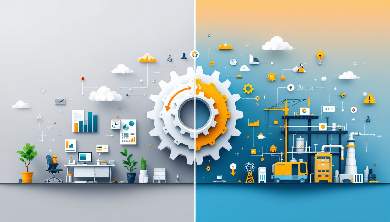 Динамичная сцена с многоуровневым механизмом, символизирующим факторы стоимости внедрения Битрикс24, от простой настройки до комплексной интеграции.