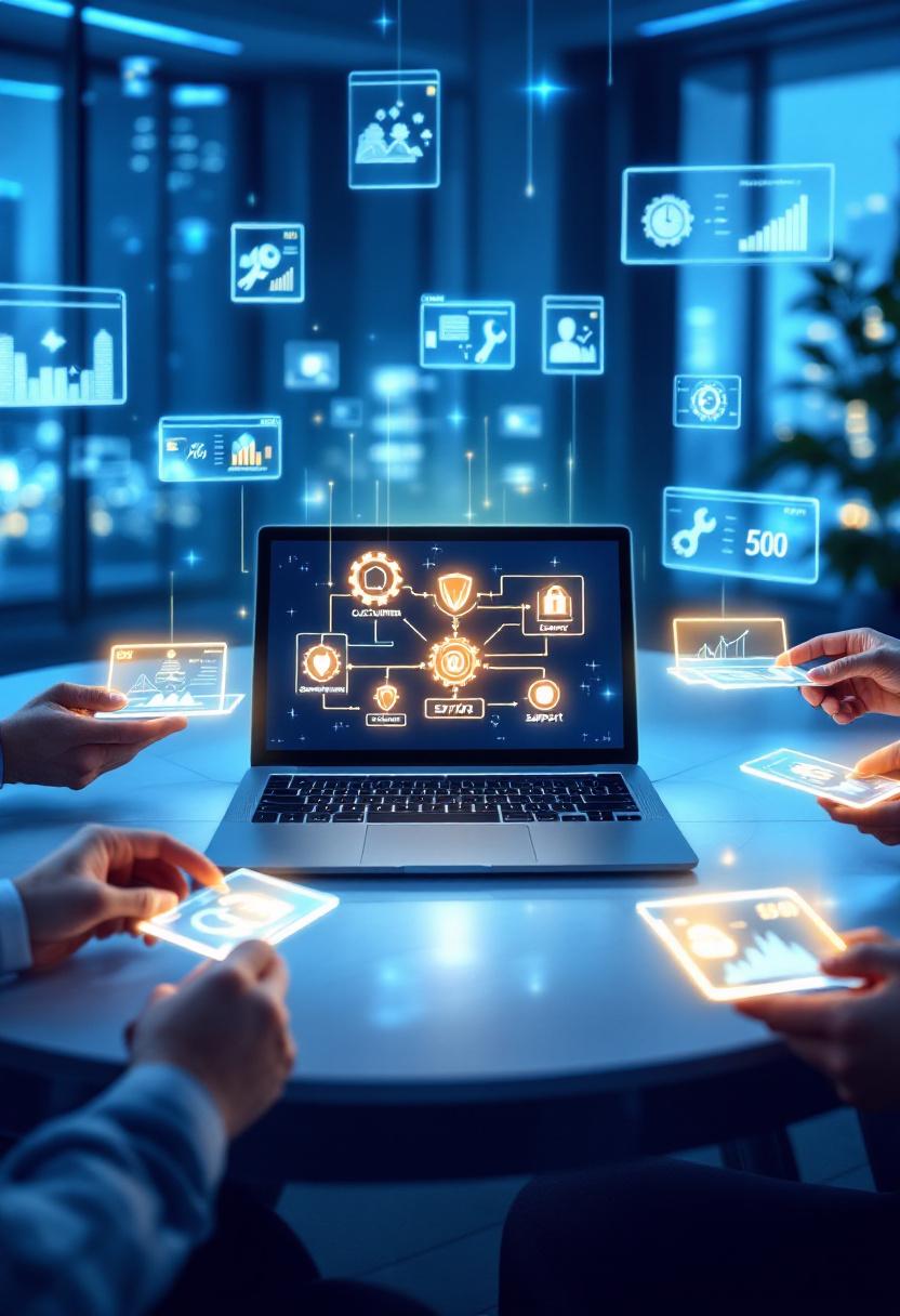 Профессиональная сцена с ноутбуком, показывающим диаграмму услуг и их стоимости в современном офисе.