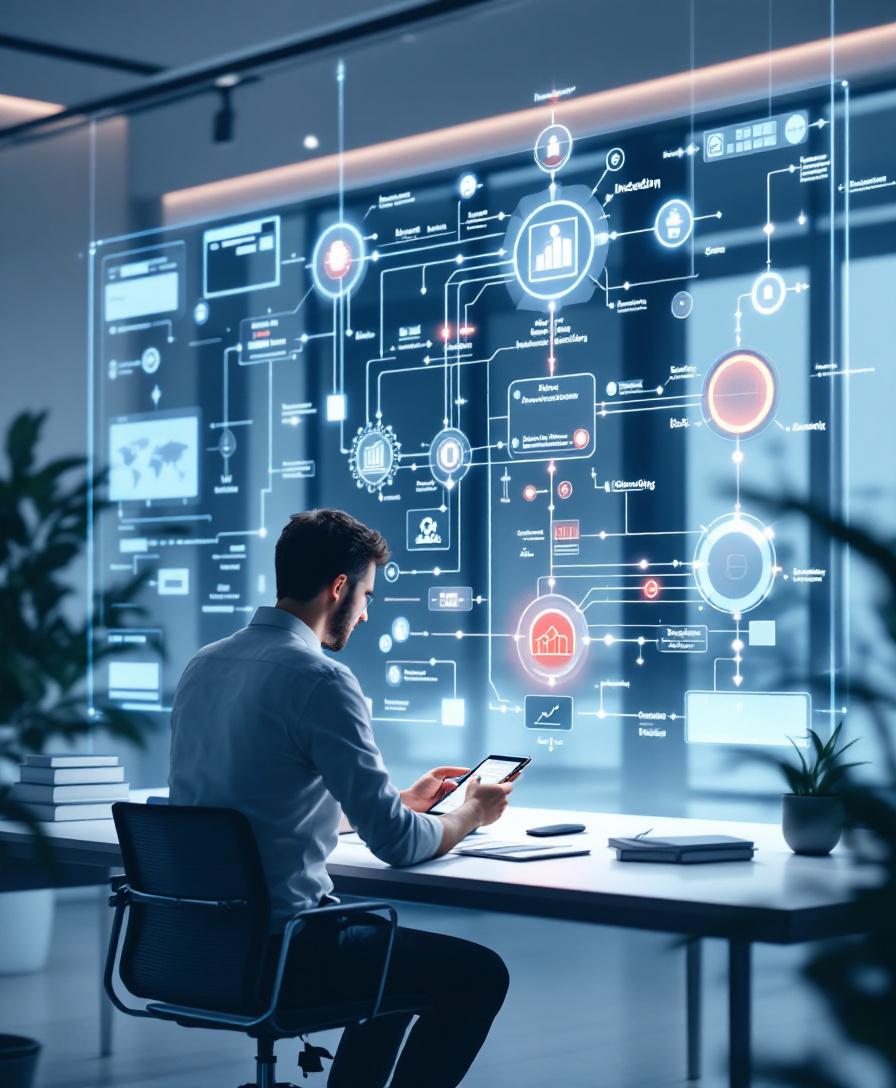 Бизнес-аналитик изучает голографическую схему процессов в офисе, символизируя предпроектное обследование.