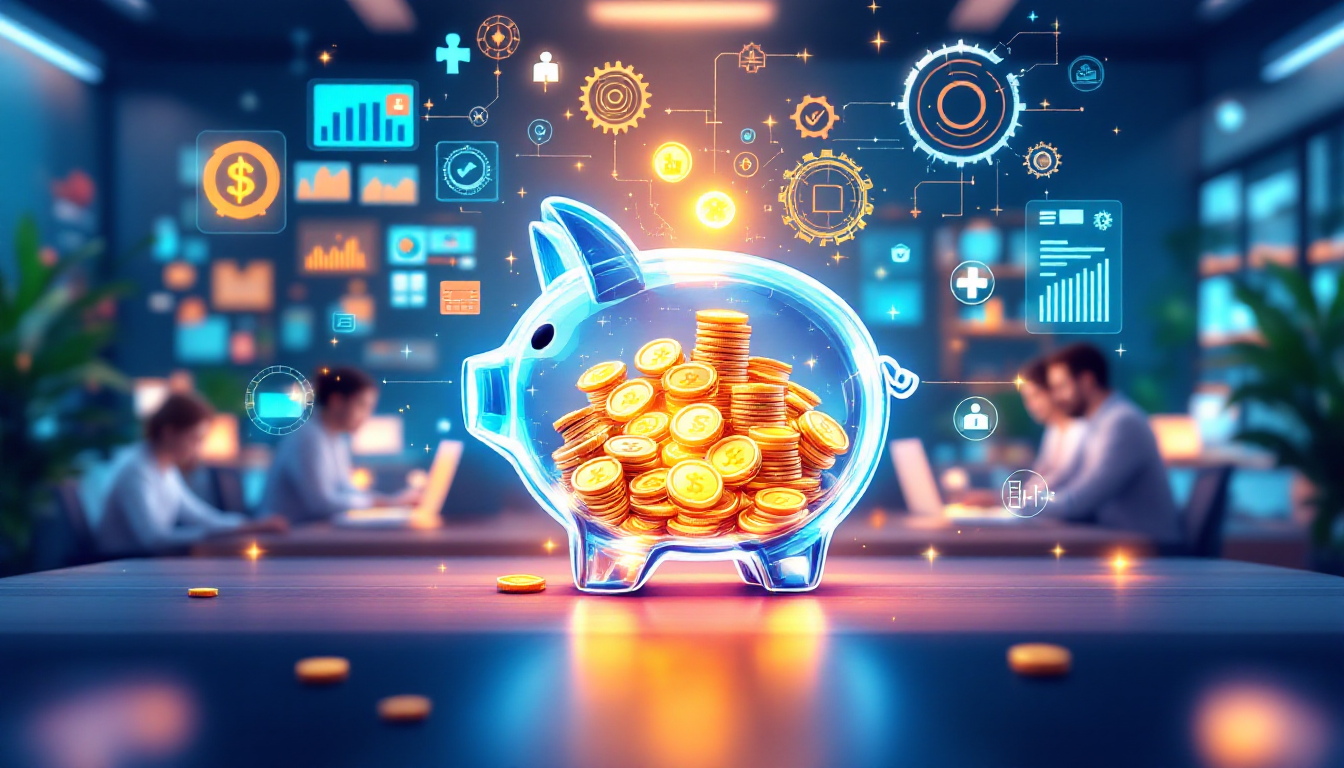 Прозрачная копилка с монетами и значками автоматизации в современном офисе, символизирующая экономию на внедрении системы.