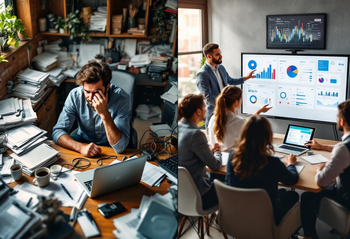 Контраст между самостоятельным внедрением системы и помощью специалистов: хаос и стресс против порядка и уверенности.